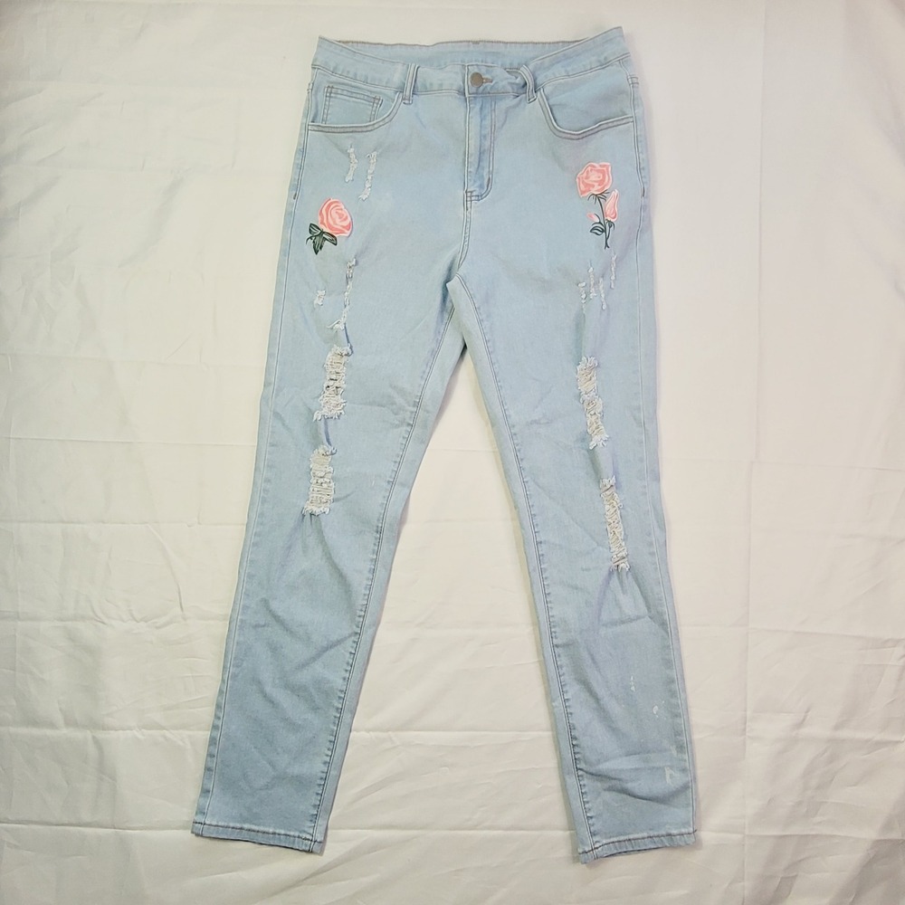 Manfinity Men's Rose Floral Distressed Jeans Large 36 x 30 Light Blue Slim Q52